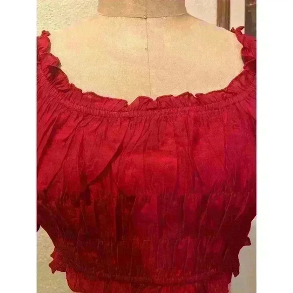 Dark Red Square Neck Ruffled Lantern Sleeve Cropped Top NWT Size L - Picture 3 of 10